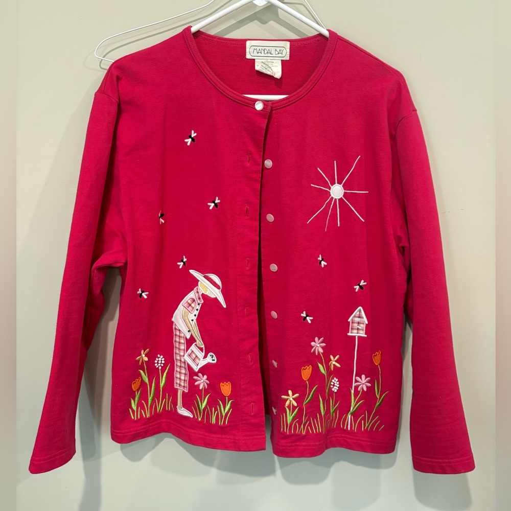 Mandal Bay Spring Embroidered Pink Cardigan Sweater